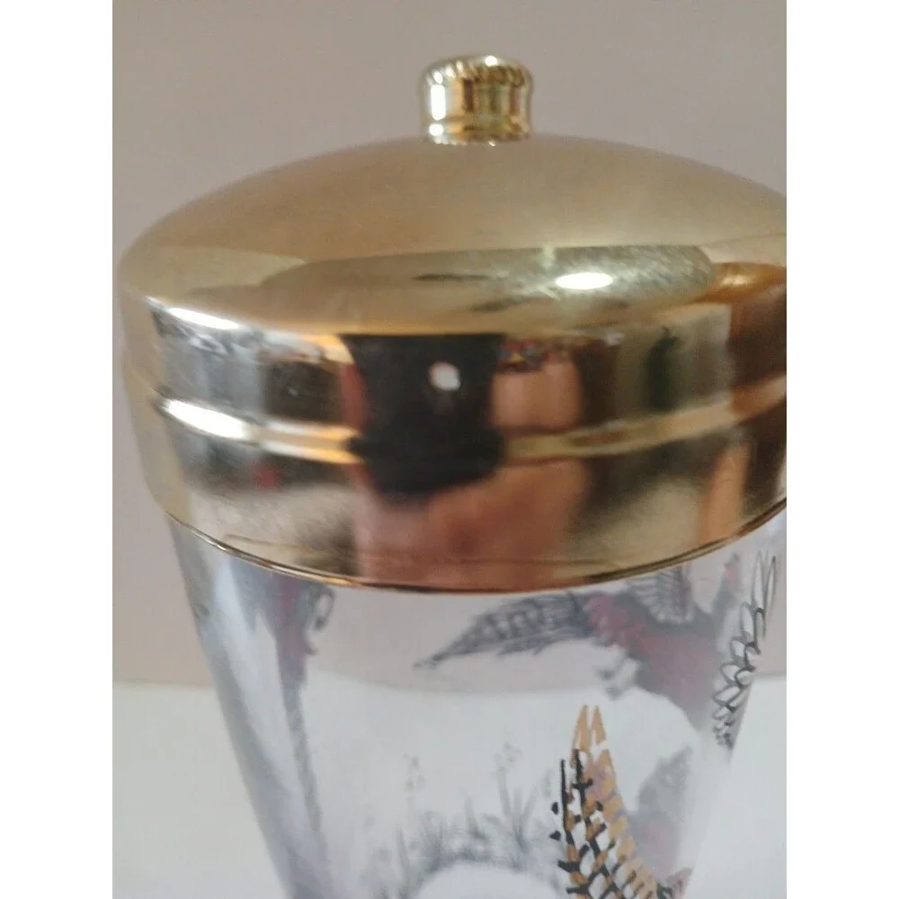 Vintage PHEASANTS HUNTING CLEAR GLASS COCKTAIL SHAKER 1960s Chrome Lid